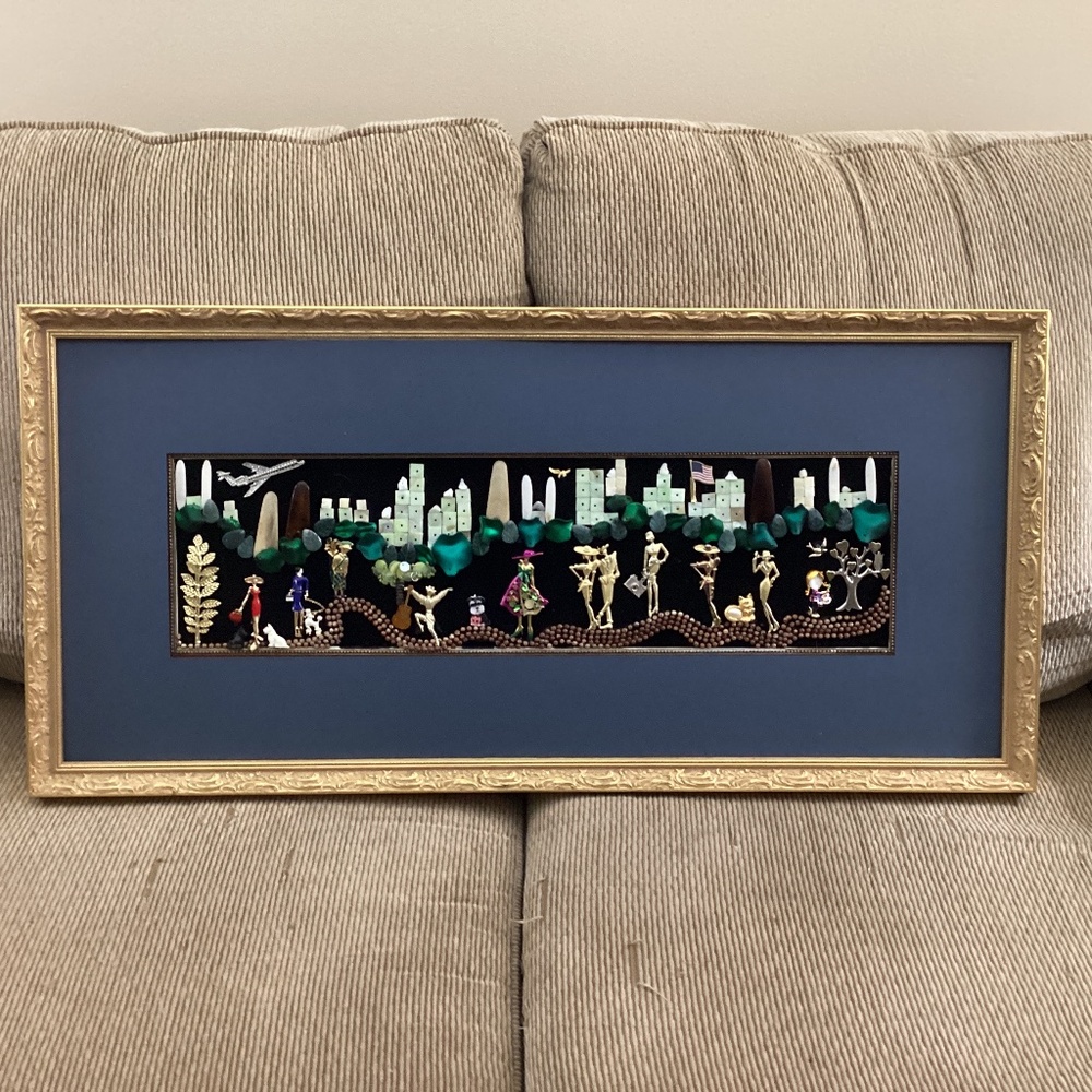 Vintage jewelry art city scene people cat dogs brooches airplane buildings park